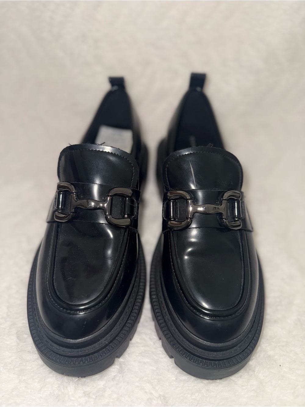 Madden Girl Black Patent Loafers with Silver Bit